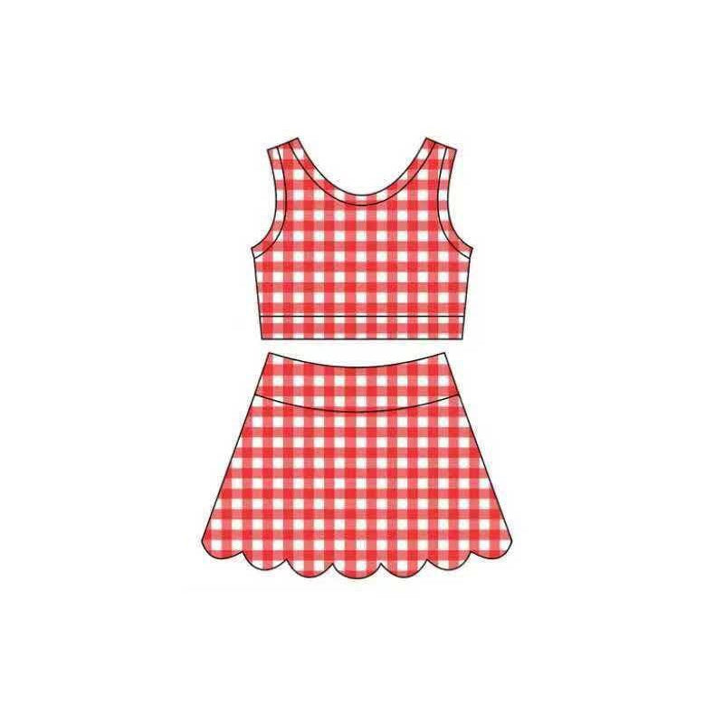( Moq 5 ) Preorder Baby Girls Kids Red Plaid Shirt Scallop Skirt Shorts Yoga Active Set Clothes