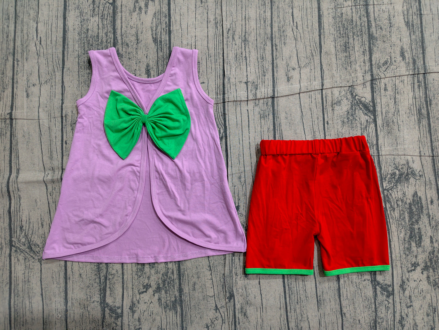 Baby Girls Purple Sleeveless Green Bows Tops Ruffle Shorts Set Clothes RTS