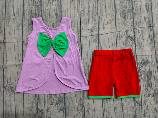 ( No moq ) Preorder Baby Girls Purple Sleeveless Green Bows Tops Ruffle Shorts Set Clothes
