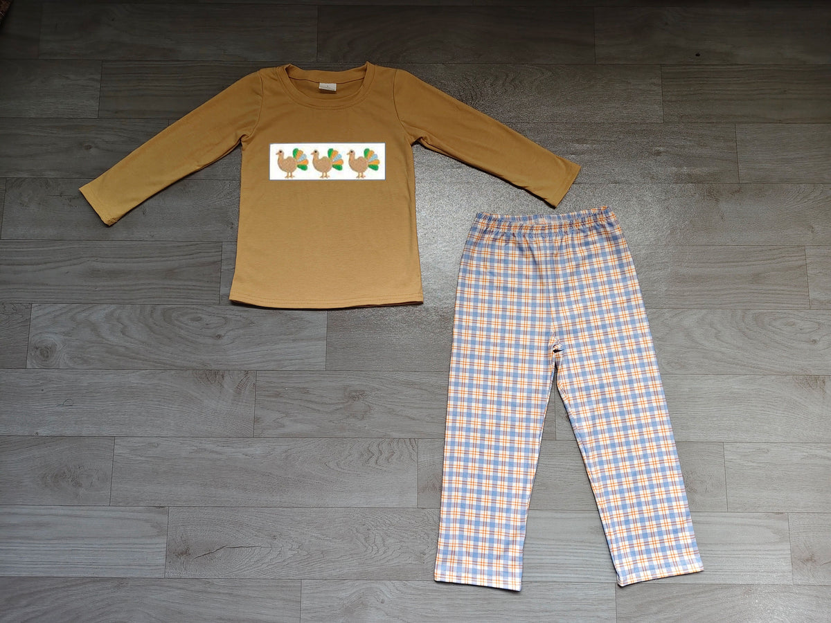( No moq ) Preorder Baby Boys Kids Embroidery turkey Shirt Plaid Pants Set Thanksgiving Clothes