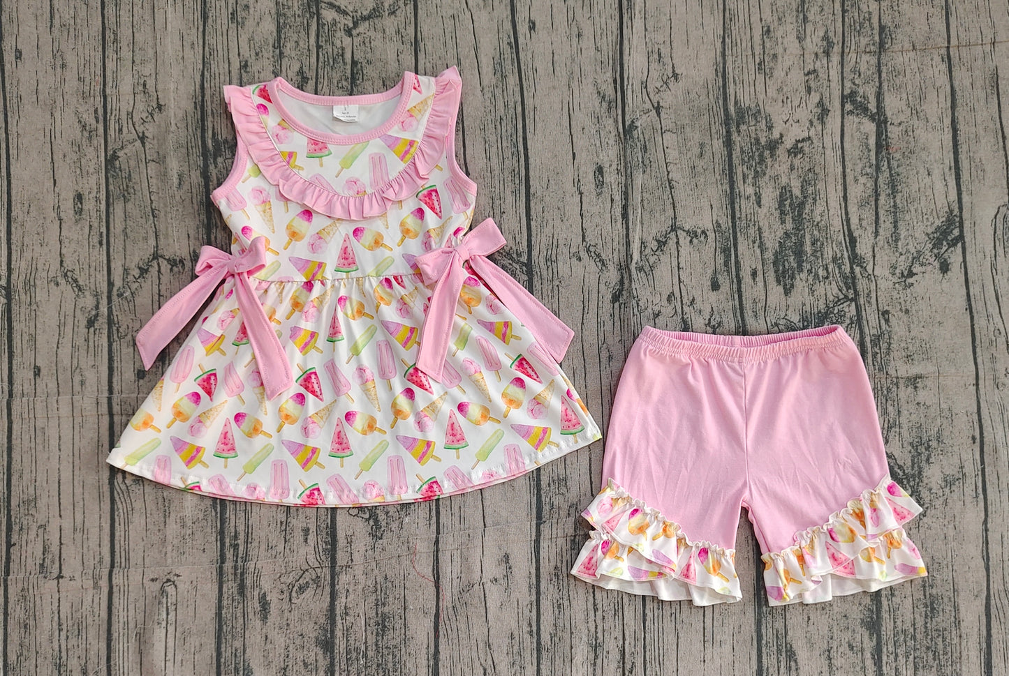 Baby Girls Kids Sleeveless Popsicles Bows Tops Pink Ruffle Shorts Clothes Set RTS