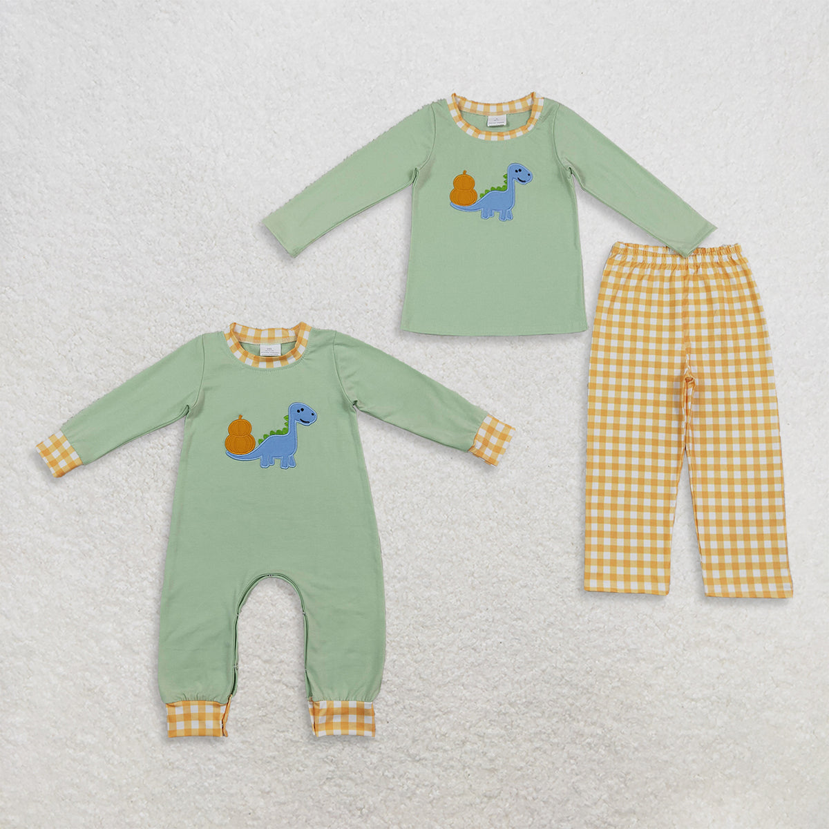 Sibling Baby Boys Kids Long Sleeves Embroidery Pumpkins Dinosaur Romper Set Fall Clothes RTS