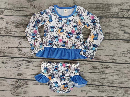 Baby Girl Long Sleeves Bathing Suit Flower Cartoon Tops Shorts Set Swimsuit