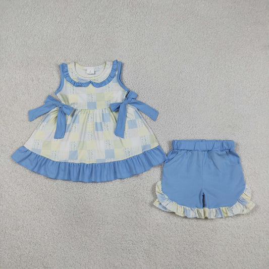 Baby Girls Kids Sleeveless Floral Plaid Bows Ruffle Tunic Blue Shorts Summer Clothes Set RTS