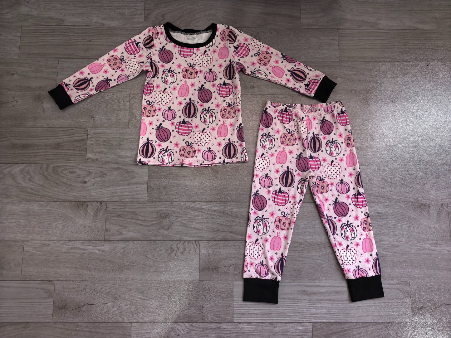 ( No moq ) Preorder Baby Girls Kids Long Sleeves Pink Pumpkins Flower Shirt Pants Pajamas Set Fall Clothes