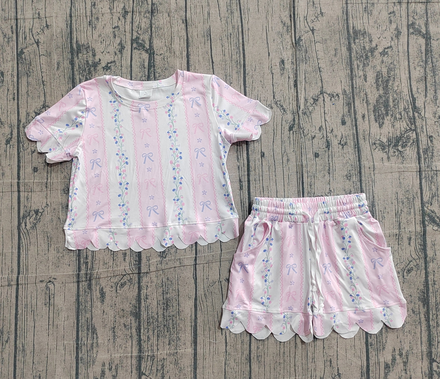 Baby Girls Kids Short Sleeves Floral Bows Pink Shirt Scallop Shorts Summer Set RTS