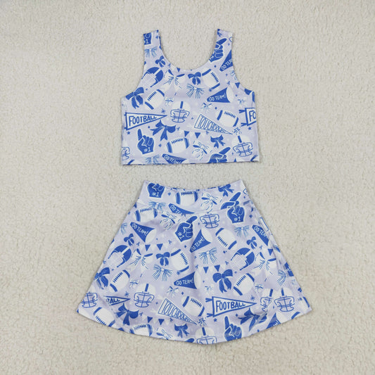 Baby Girl Shot Sleeves Football Blue Bows Cheer Tops Skort Team Yoga Active Set RTS