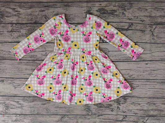 Baby Girl Long Sleeves Pig Floral Plaid Dress Moq 5