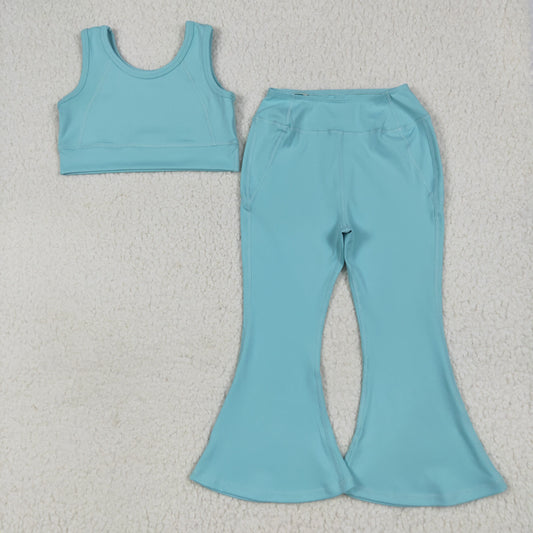 Baby Girl Straps Blue Vest Tops Bell Bottom Pants Yoga Active Wear Clothes Set RTS