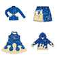 ( Moq 5 each style ) Baby Boy Girl Summer Team Sibling Blue Drip Bows Shorts Shirt Dress Set 7.25