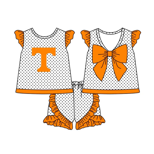 Moq 5 Baby Girl Short Sleeves Orange Bow Tops Ruffle Shorts Team Set