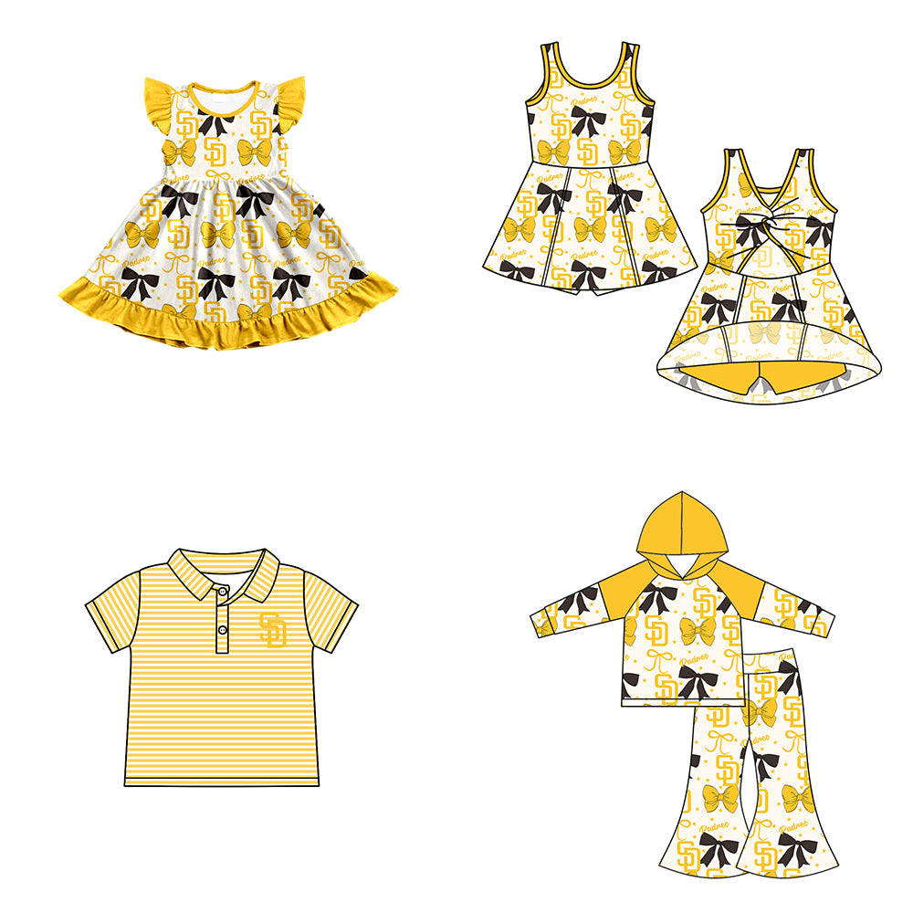 ( Moq 5 each style ) Baby Boy Girl Toddler Team Bows ‌Yellow Sibling Shirt Dress Set 6.17