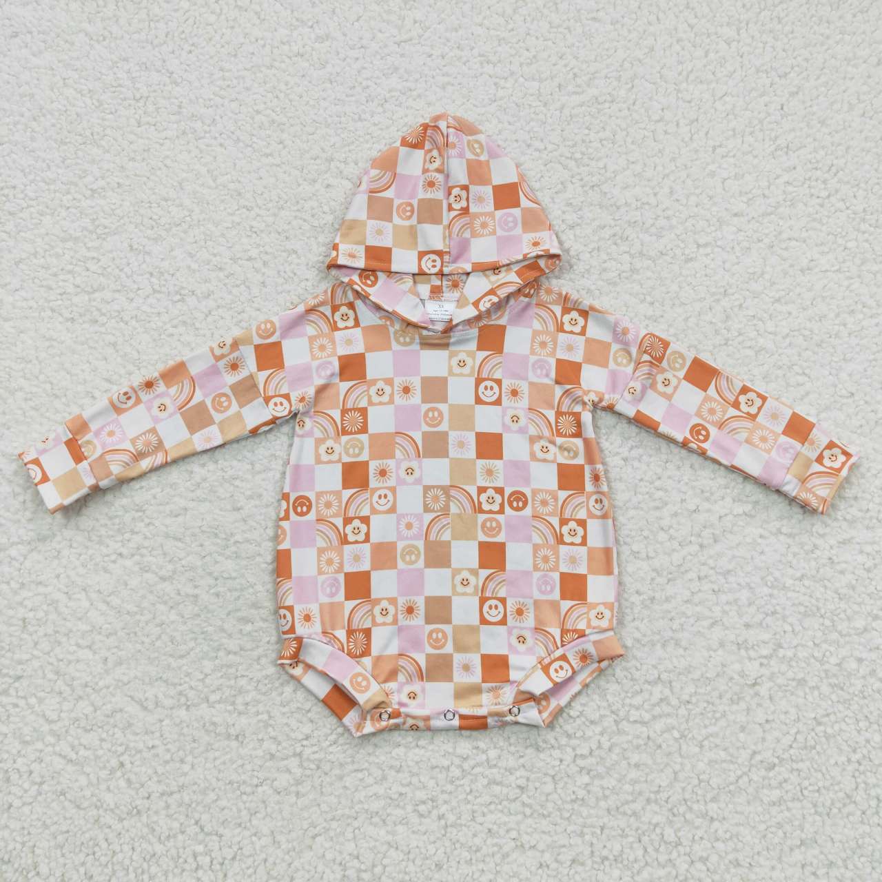 LR0271 Baby Kids Face Check Floral Long Sleeves Hoodie Romper