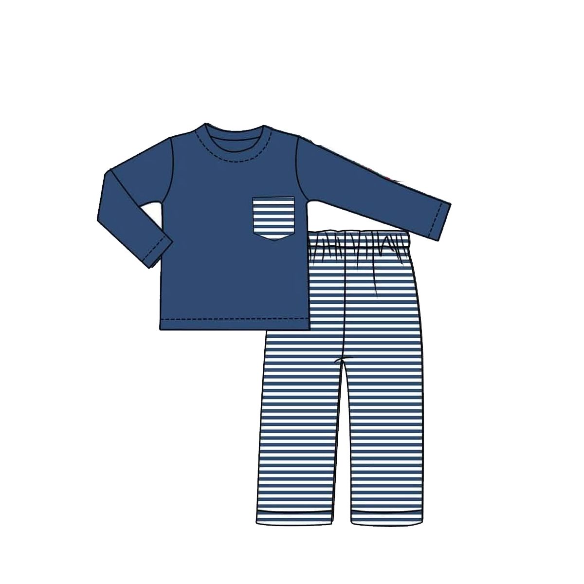 ( Moq 5 ) Preorder Baby Kids Long Sleeves Blue Shirt Stripes Pants Set Pajamas Clothes