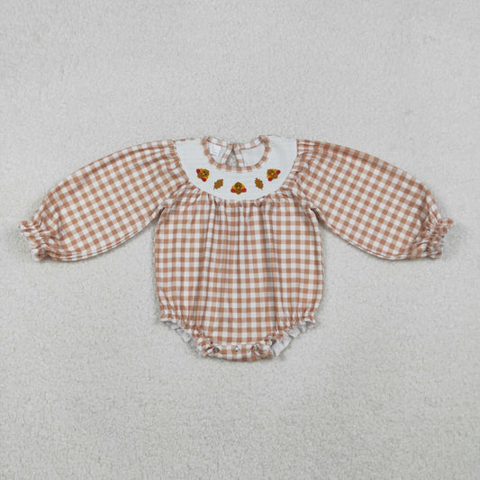 Baby Girl Long Sleeves Plaid Smocked Embroidery turkey Leaves Thanksgiving Romper RTS
