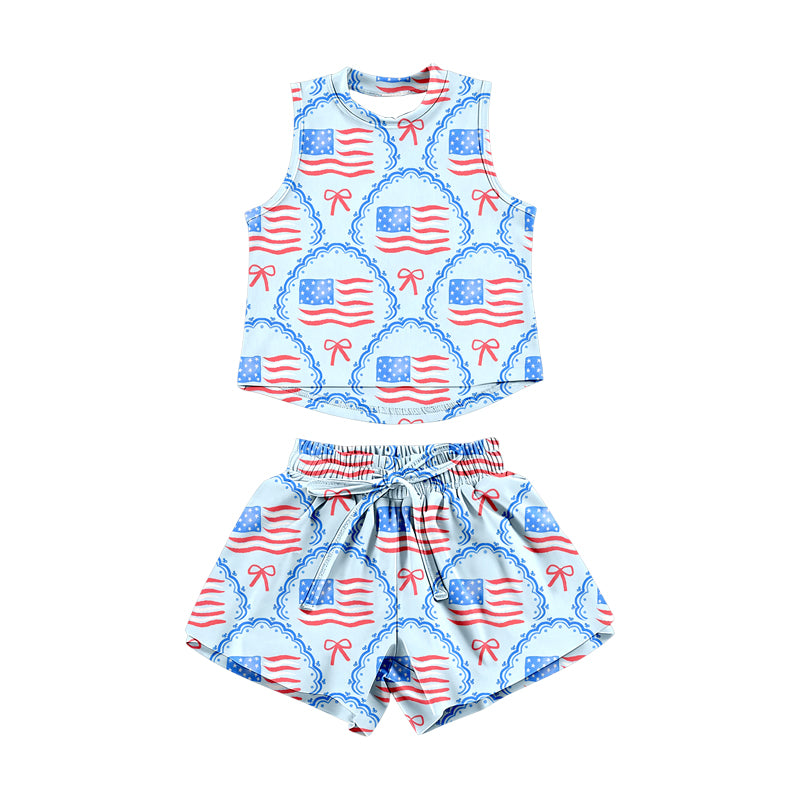 ( Moq 5 ) Preorder Baby Girls Kids Sleeveless Bows Flags Tops Shorts Set 4th of July Clothes