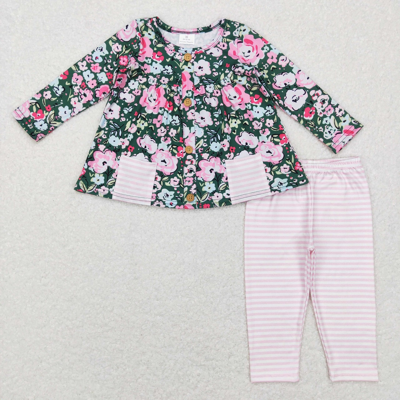 GLP0994 Baby Girl Long Sleeves Floral Pocket Tunic Pink Stripes Pants Outfit