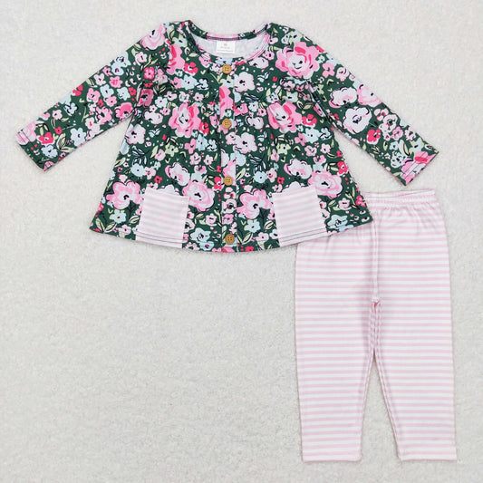 GLP0994 Baby Girl Long Sleeves Floral Pocket Tunic Pink Stripes Pants Outfit