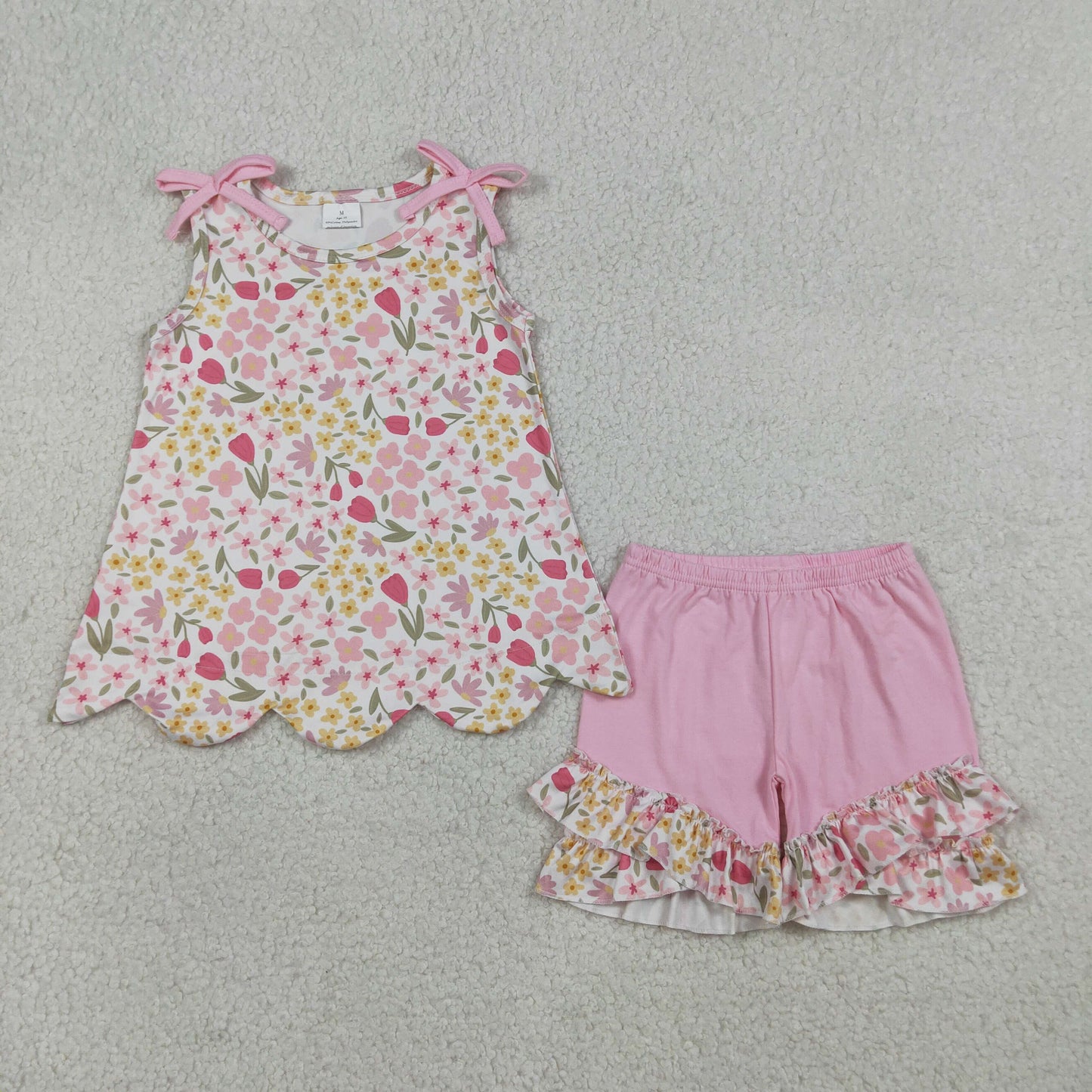 Baby Girls Kids Pink Bows Floral Scallop Tops Ruffle Shorts Summer Set RTS