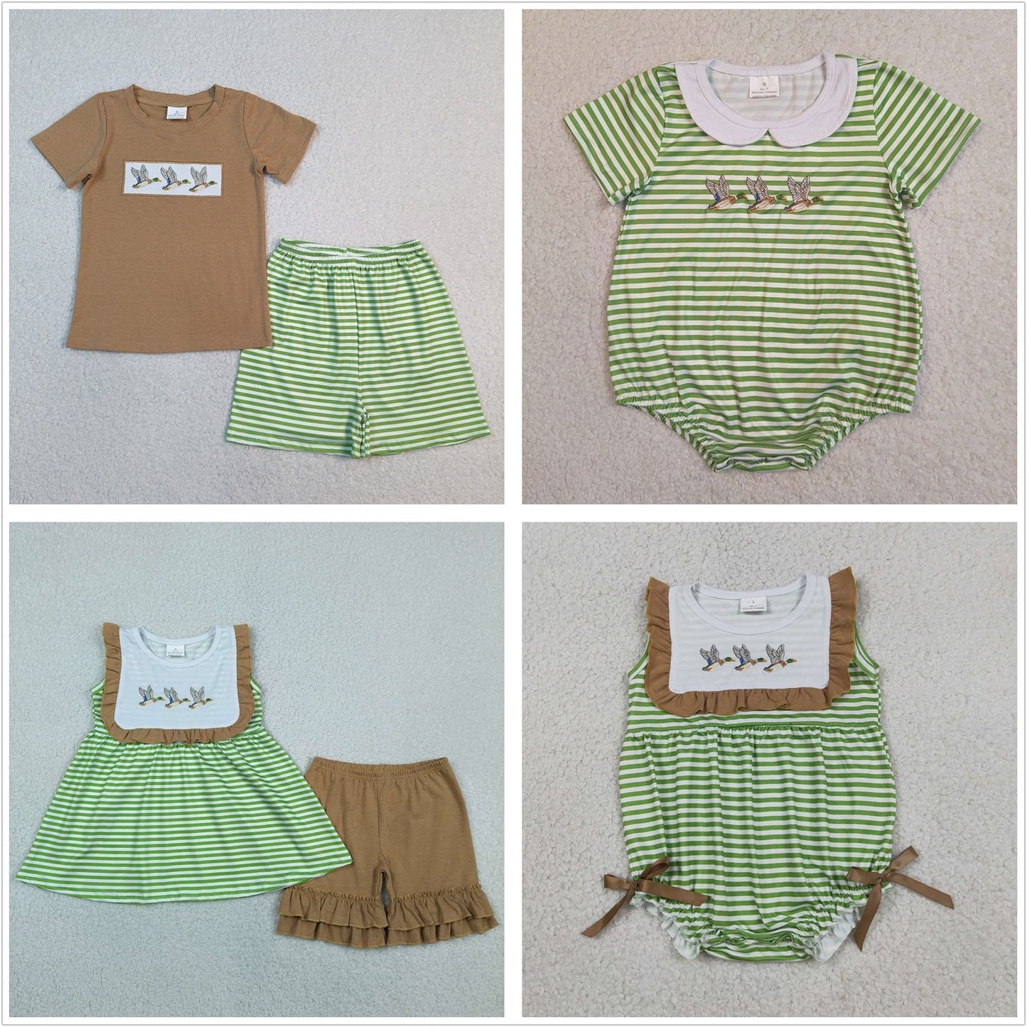 Sibling Baby Boys Girls Embroidery Ducks Green Stripes Rompers Sets Summer Clothes RTS