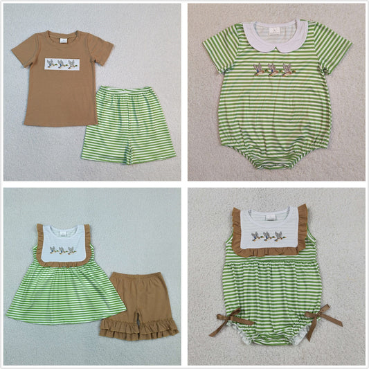 Sibling Baby Boys Girls Embroidery Ducks Green Stripes Rompers Sets Summer Clothes RTS