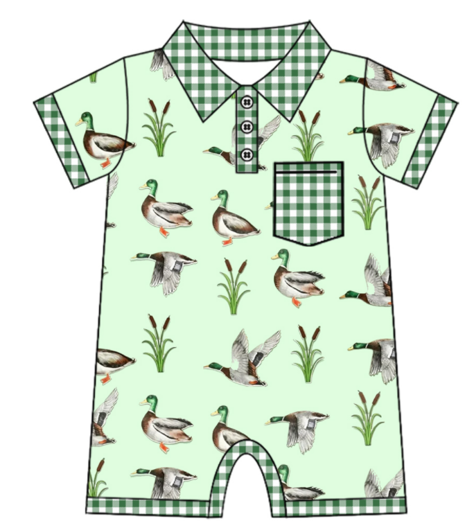 Baby Boy Girl Ducks Green Plaid Sibling Matching Green Dress Romper Clothes Set ( Moq 5 Each style )