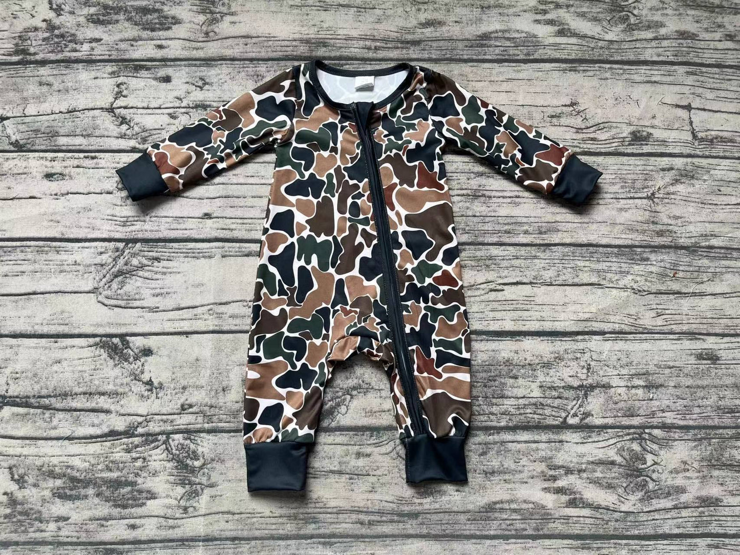 Baby Boy Long Sleeves Brown Camo Fall Zipper Bamboo Romper