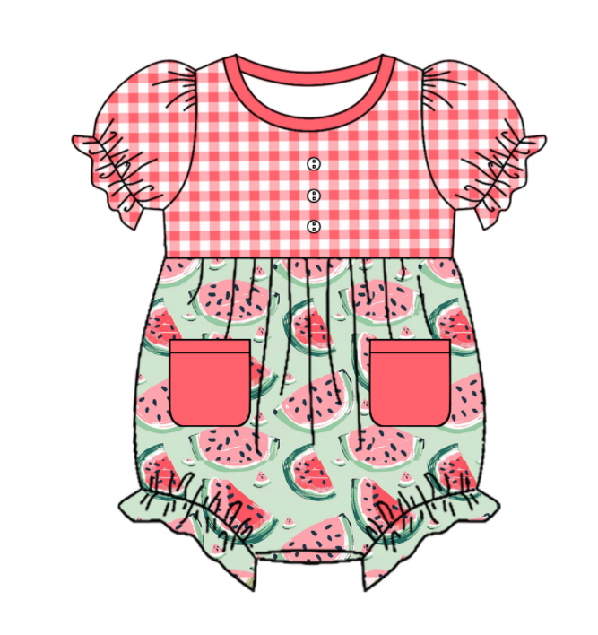 Baby Girl Short Sleeves Watermelon Plaid Sibling Romper Dress Clothes Set ( Moq 5 Each Design )11.21