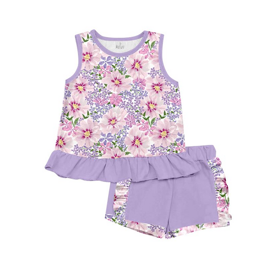 Moq 3 Pre-order GSSO0843 Baby Girl Floral Tops Purple Shorts Summer Set