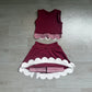( No moq ) Preorder Baby Girls Kids Dark Red Vest Plaid Bows Scallop Bows Skirt Shorts Yoga Active Set Clothes