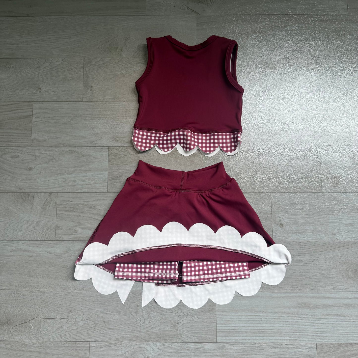 ( No moq ) Preorder Baby Girls Kids Dark Red Vest Plaid Bows Scallop Bows Skirt Shorts Yoga Active Set Clothes