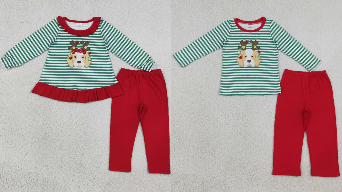 Sibling Baby Boys Girls Kids Embroidery Dog Stripes Tops Red Pants Sets Christmas Clothes RTS