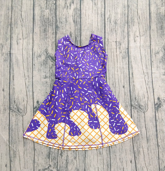 Preorder Baby Girl Sleeveless Drips Summer Purple Knee Length Yoga Active Dress（ No moq ）