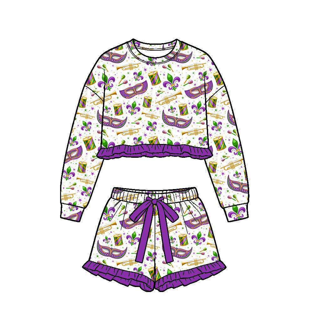 ( Moq 5 ) Preorder Baby Girls Kids Long Sleeves Masks Flower Shirt Shorts Set Mardi Gras Clothes
