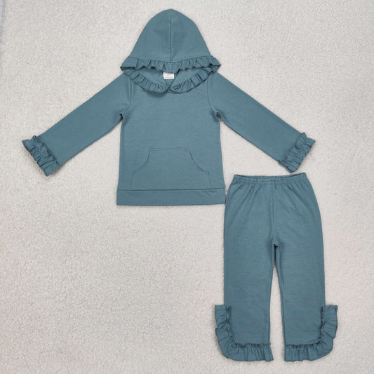 Baby Girl Long Sleeves Dark Green Ruffle Hoodie Tops Pants Clothes Cotton Set