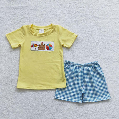 GSSO0276 Baby Girl Short Sleeves Embroidery Castle Shirt Plaid Shorts Summer Outfit