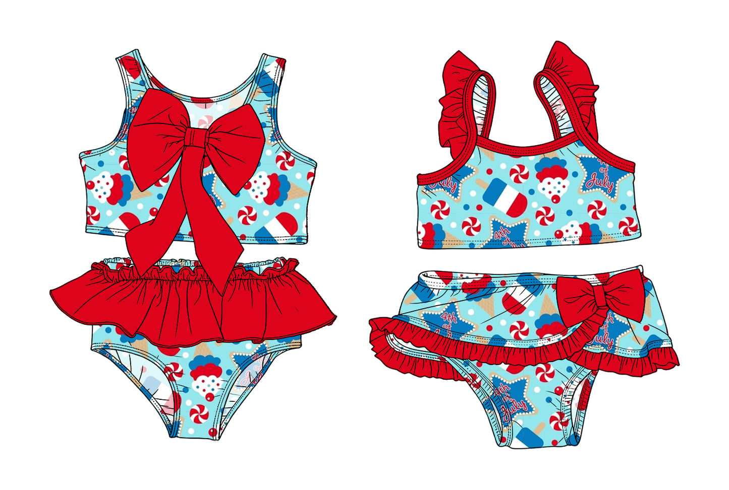 ( Moq 5 Each Style ) Sibling Baby Girls Kids Stars Tops Ruffle Shorts 4th of July Bows Sets Summer Swimsuits