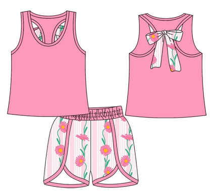 ( Moq 5 Each Style ) Baby Girl Summer Flower Pink Sibling Romper Set 4.24