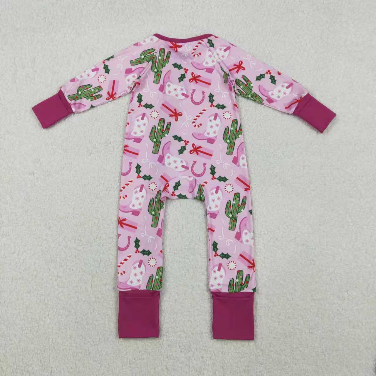 Sibling Baby Girls Long Sleeves Christmas Western Boots Cactus Zipper Romper Pajamas Set RTS