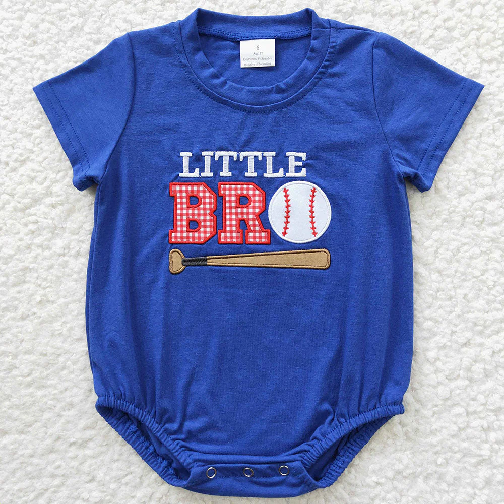 Baby Boy Girl Short Sleeves Embroidery Baseball Sibling Romper Blue Clothes Set