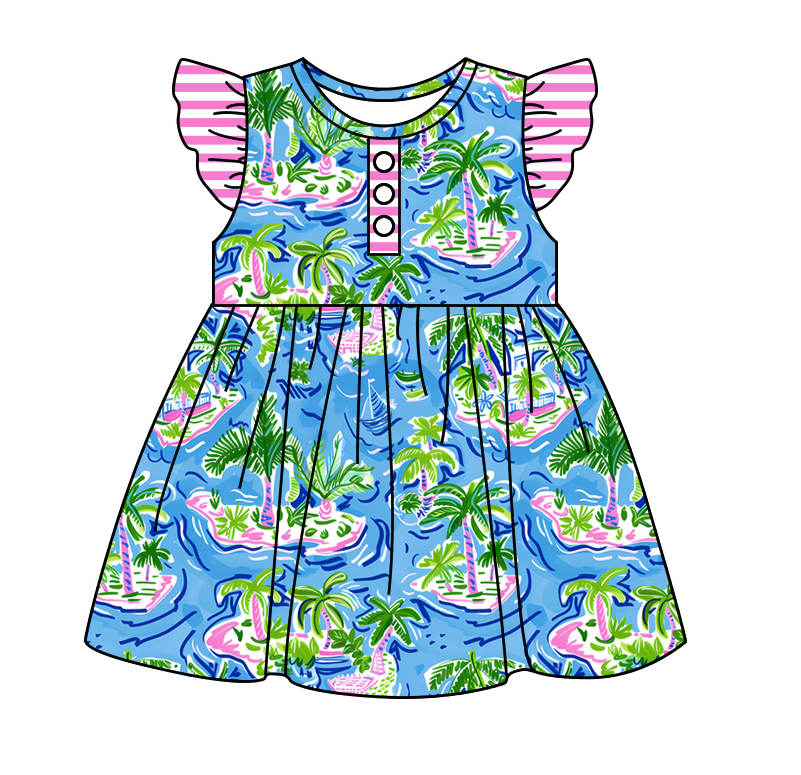 Baby Girl Short Sleeves Tree Stripes Sibling Romper Dress Clothes Set ( Moq 5 Each Design )