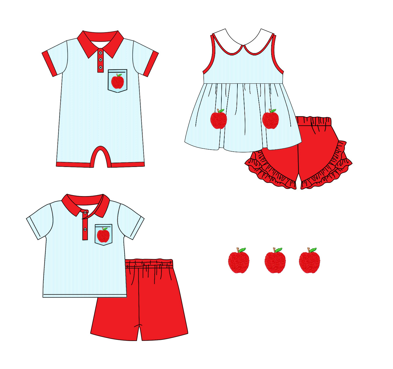Baby Boy Girl Back To School Apple Sibling Romper Clothes Set ( Moq 5 Each Design )11.22