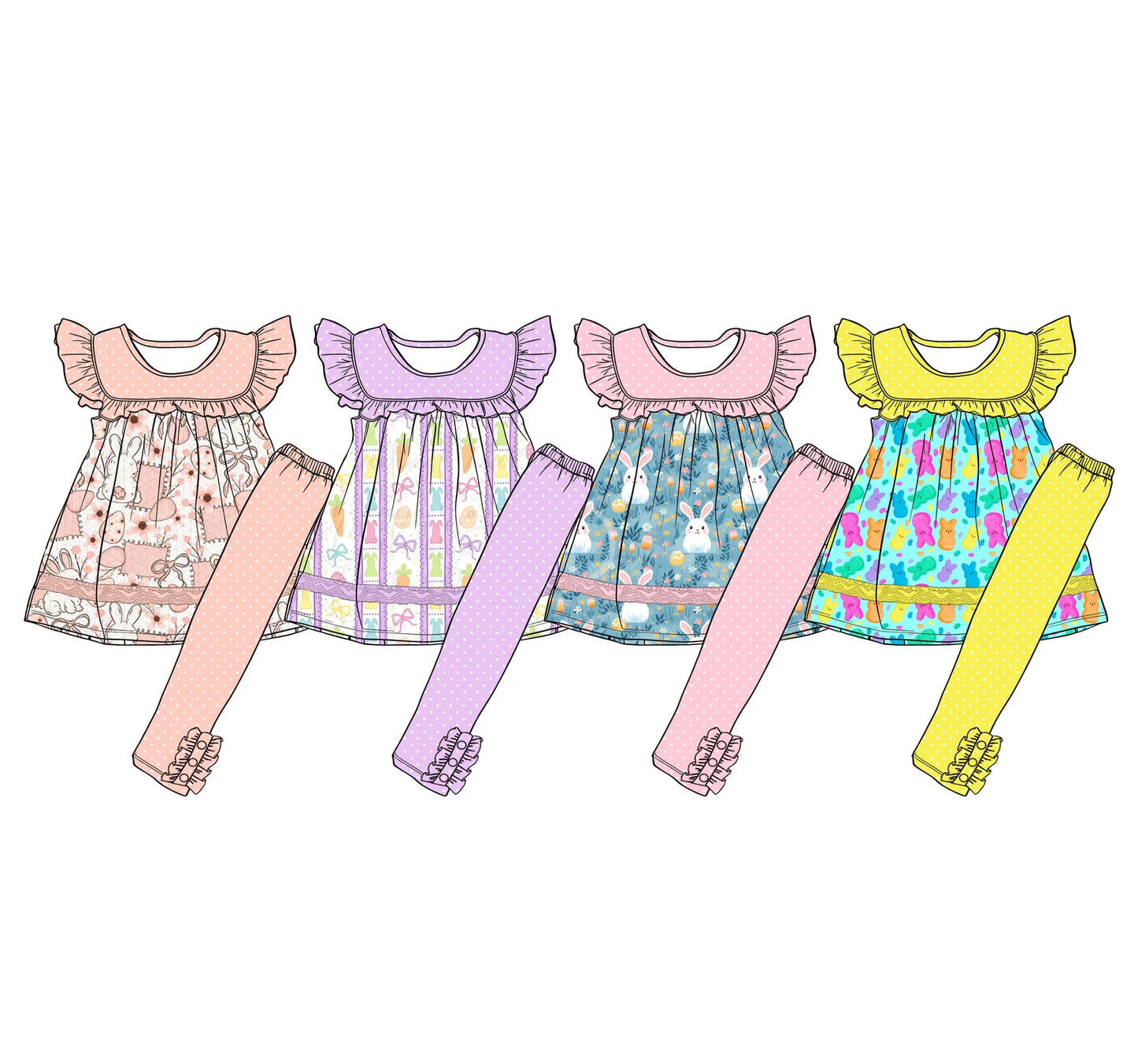 ( Moq 5 Each Style ) Sibling Baby Girls Toddler Short Sleeves Rabbits Tunic Dots Ruffle Pants Easter Sets