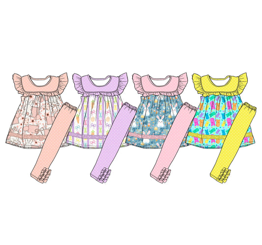 ( Moq 5 Each Style ) Sibling Baby Girls Toddler Short Sleeves Rabbits Tunic Dots Ruffle Pants Easter Sets