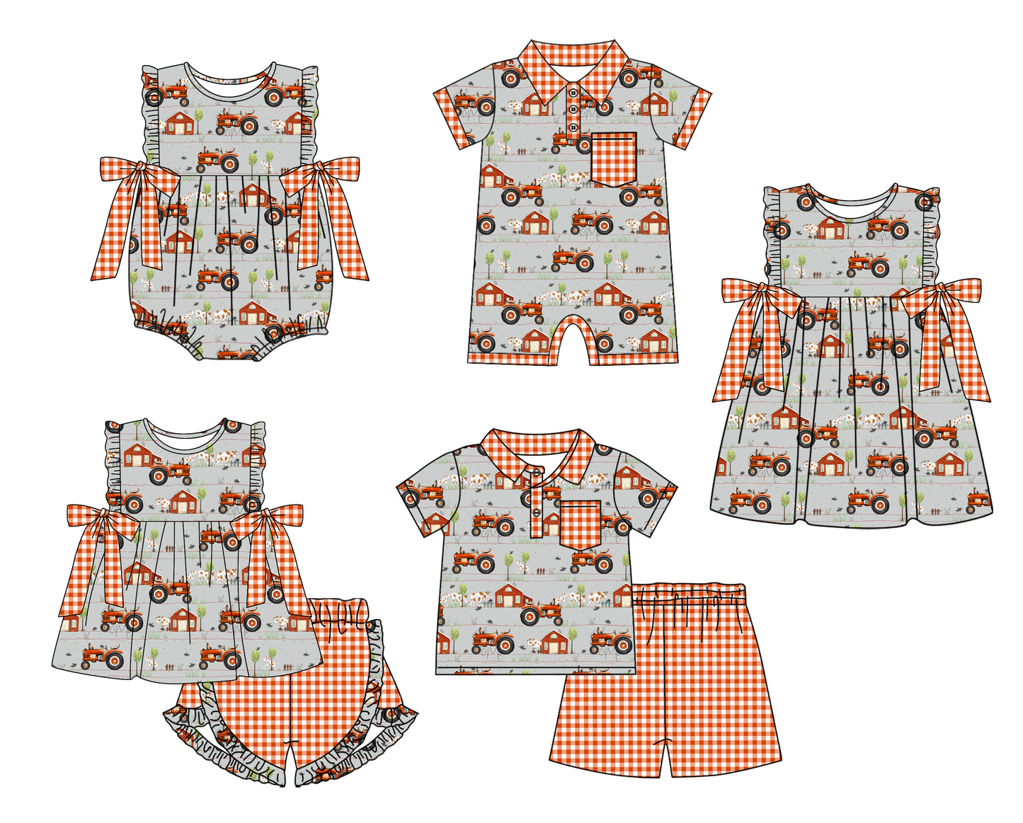 Baby Boy Girl Farm Tractor Cow Sibling Matching Green Dress Romper Clothes Set ( Moq 5 Each style )