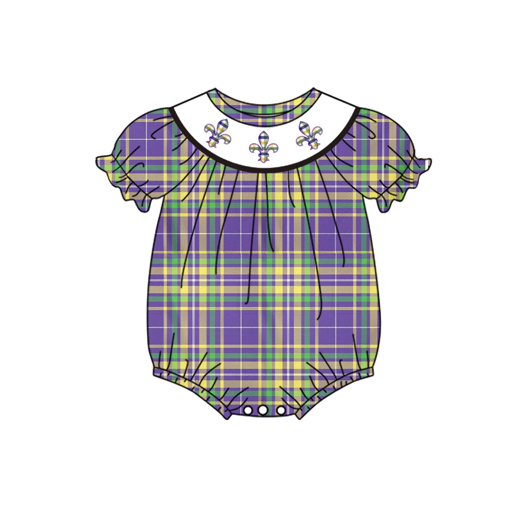 Baby Girl Infant Short Sleeves Mardi Gras Plaid Bubble Romper Moq 5