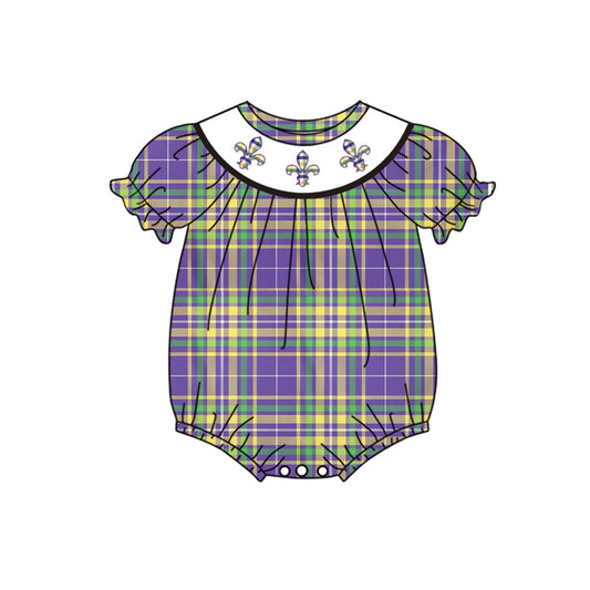 Baby Girl Infant Short Sleeves Mardi Gras Plaid Bubble Romper Moq 5