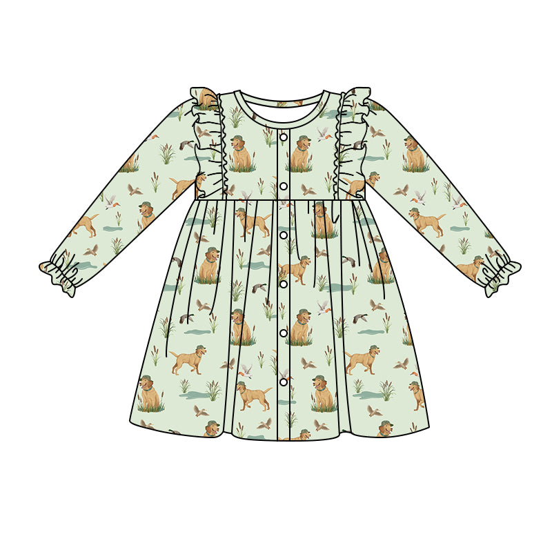 Baby Girl Long Sleeves Dogs Ducks Hunting Green Dress