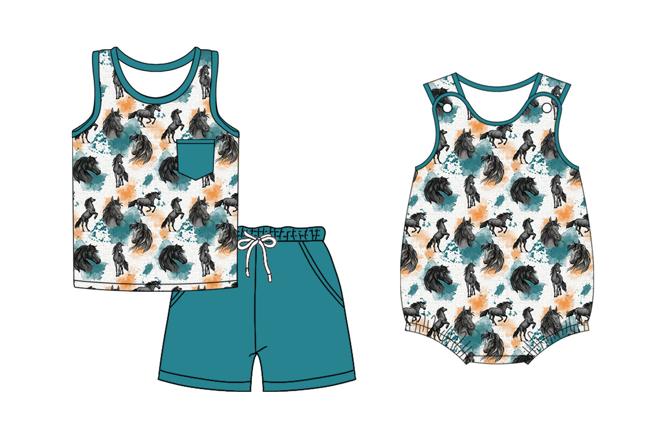 Baby Boy Western Horse Blue Sibling Romper Set ( Moq 5 Each Style ) 2.13