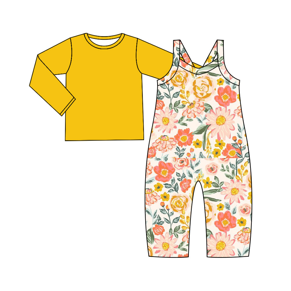 Baby Girl Toddler Long Sleeves Shirt  Flower Jumpsuit Yellow Set